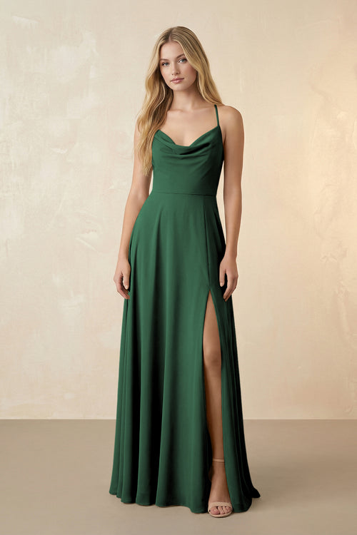 Spaghetti Straps Chiffon A-Line Bridesmaid Dress in Dark Green | KISSBRIDAL