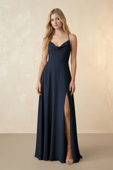 Spaghetti Straps Chiffon A-Line Bridesmaid Dress in Dark Navy - KISS BRIDAL BRIDESMAID DRESSES