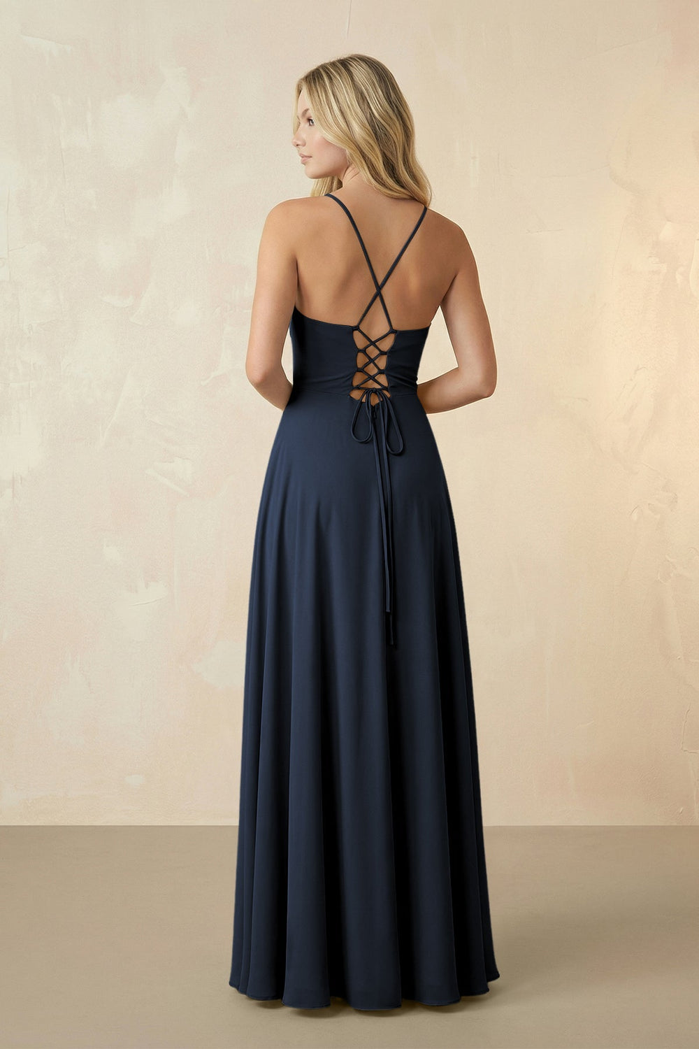 Spaghetti Straps Chiffon A-Line Bridesmaid Dress in Dark Navy - SHE IS ME BRIDESMAID DRESSES