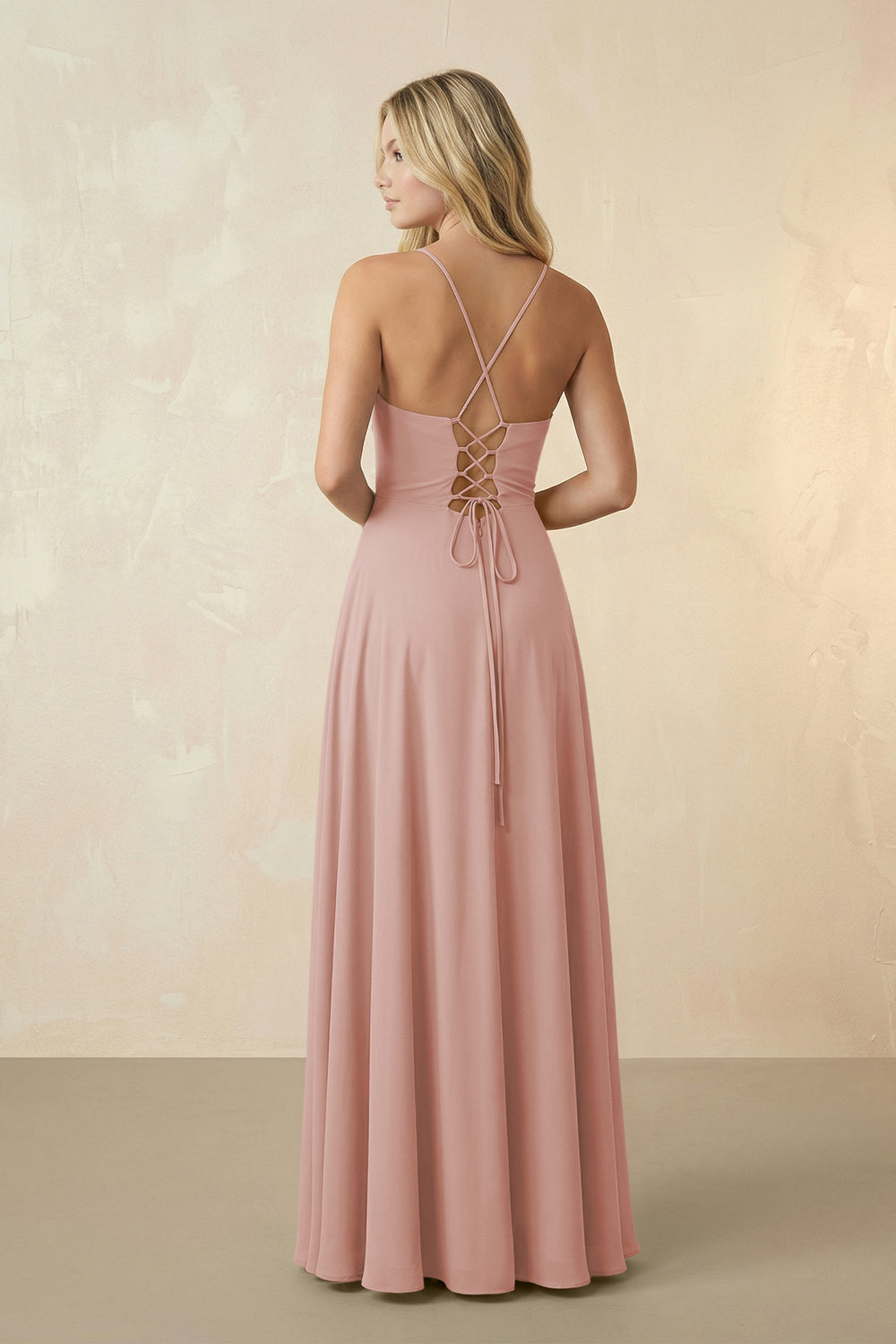 Spaghetti Straps Chiffon A-Line Bridesmaid Dress in English Rose