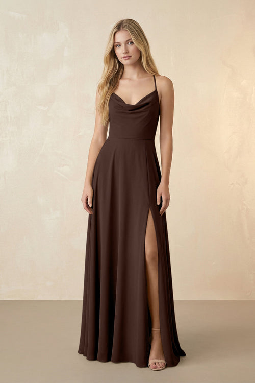 Spaghetti Straps Chiffon A-Line Bridesmaid Dress in Espresso - SHE IS ME BRIDESMAID DRESSES