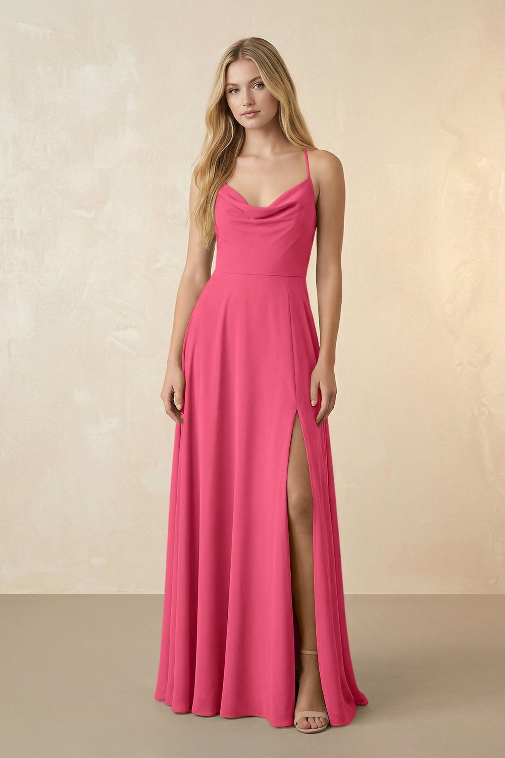 Spaghetti Straps Chiffon A-Line Bridesmaid Dress in Fuchsia - KISS BRIDAL BRIDESMAID DRESSES