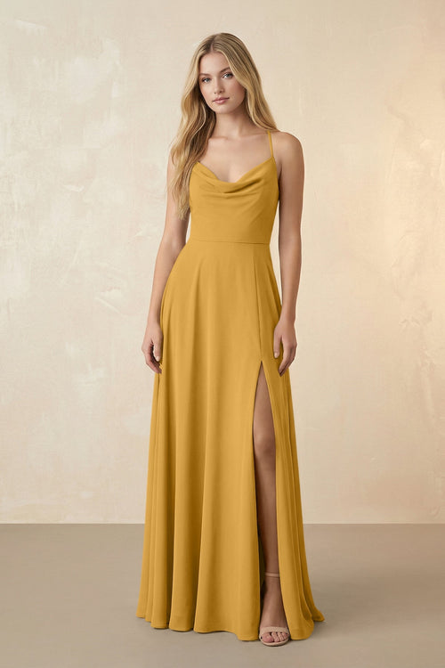 Spaghetti Straps Chiffon A-Line Bridesmaid Dress in Marigold - SHE IS ME BRIDESMAID DRESSES