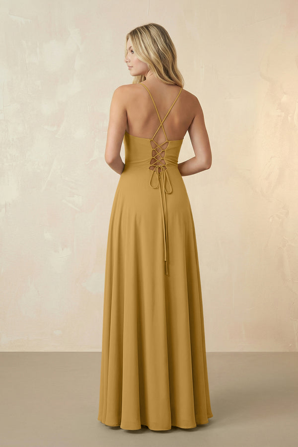 Spaghetti Straps Chiffon A-Line Bridesmaid Dress in Marigold (2) | KISSBRIDAL