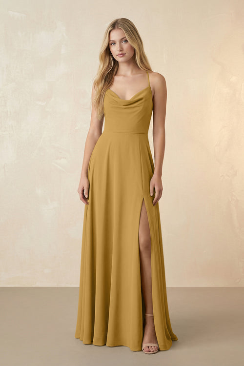 Spaghetti Straps Chiffon A-Line Bridesmaid Dress in Marigold | KISSBRIDAL