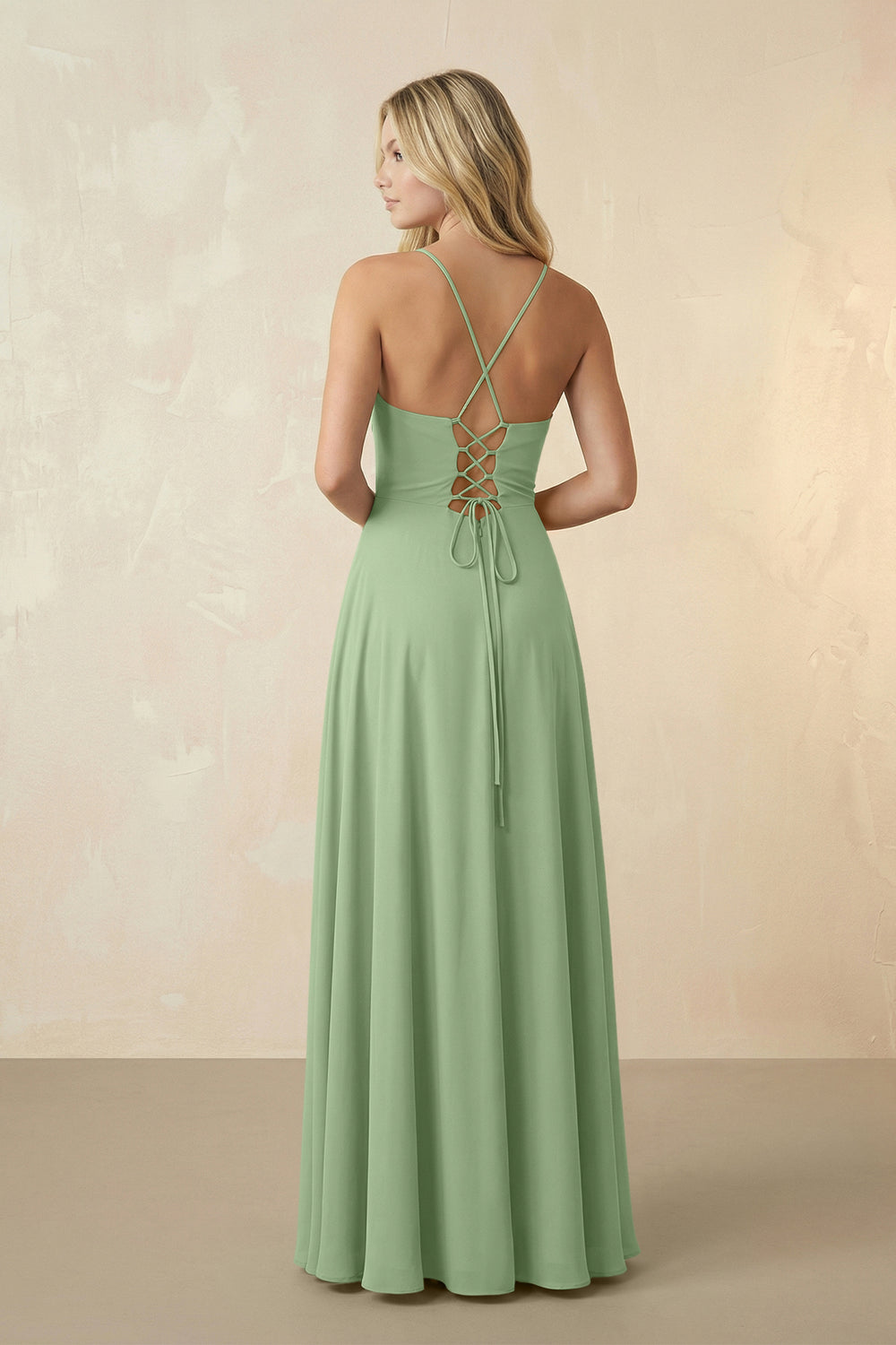 Spaghetti Straps Chiffon A-Line Bridesmaid Dress in Matcha