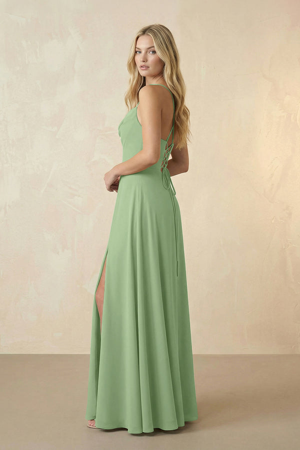 Spaghetti Straps Chiffon A-Line Bridesmaid Dress in Matcha (3) | KISSBRIDAL