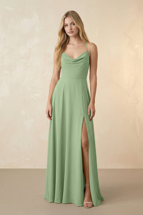 Spaghetti Straps Chiffon A-Line Bridesmaid Dress in Matcha | KISSBRIDAL
