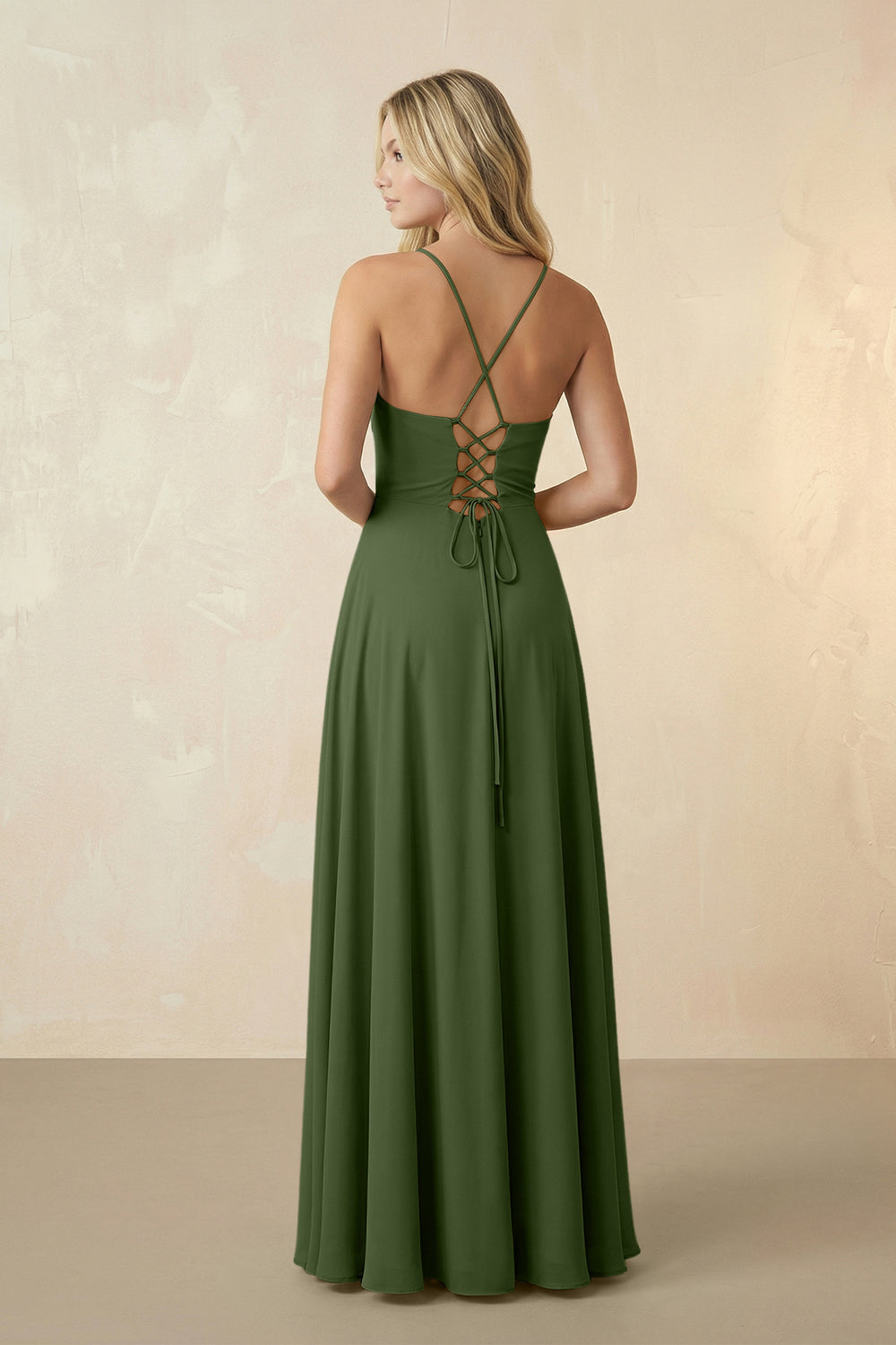 Spaghetti Straps Chiffon A-Line Bridesmaid Dress in Moss