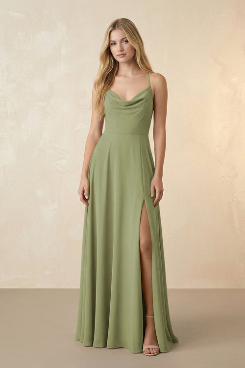 Spaghetti Straps Chiffon A-Line Bridesmaid Dress in Moss Green - SHE IS ME BRIDESMAID DRESSES