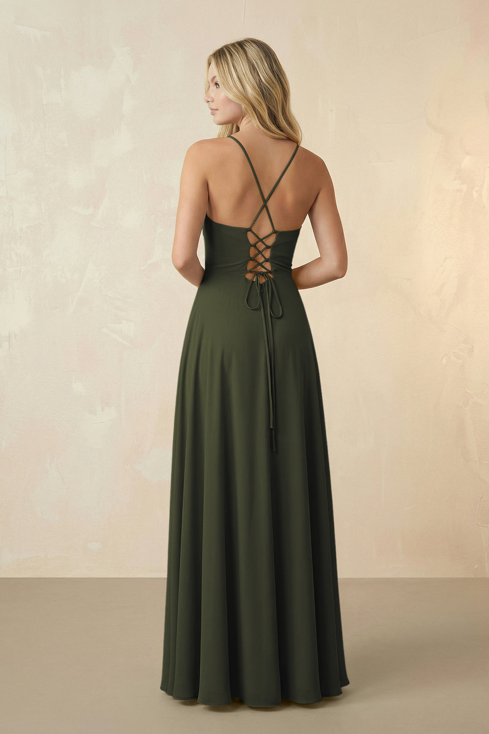 Spaghetti Straps Chiffon A-Line Bridesmaid Dress in Olive