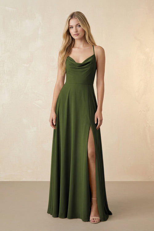 Spaghetti Straps Chiffon A-Line Bridesmaid Dress in Olive - SHE IS ME BRIDESMAID DRESSES