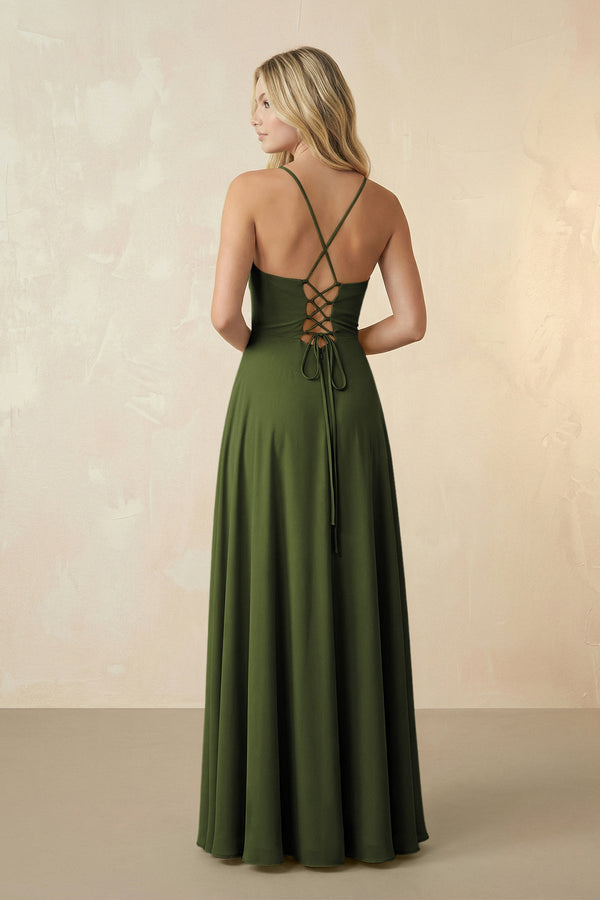 Spaghetti Straps Chiffon A-Line Bridesmaid Dress in Olive - SHE IS ME BRIDESMAID DRESSES