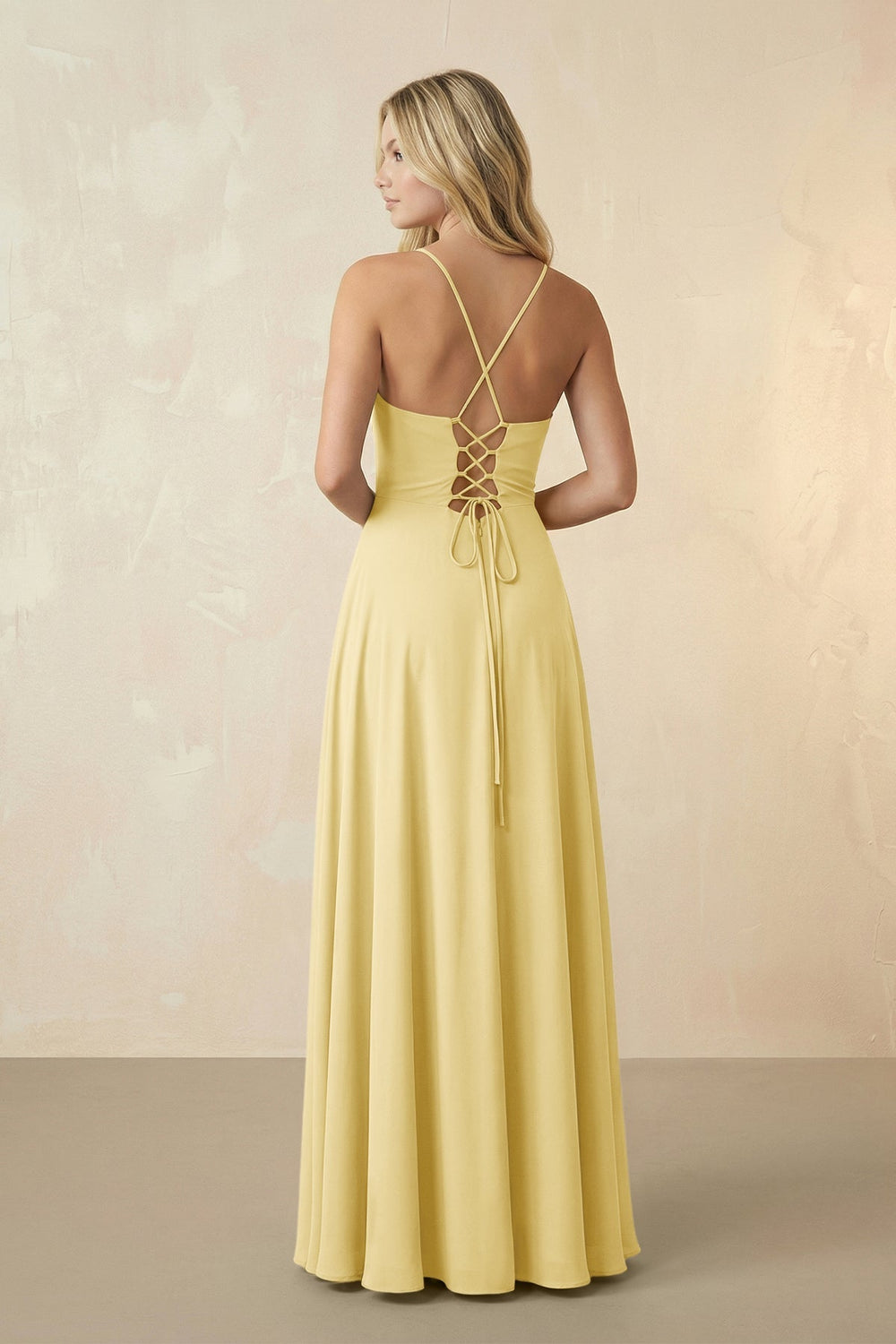 Spaghetti Straps Chiffon A-Line Bridesmaid Dress in Pastel Yellow - SHE IS ME BRIDESMAID DRESSES