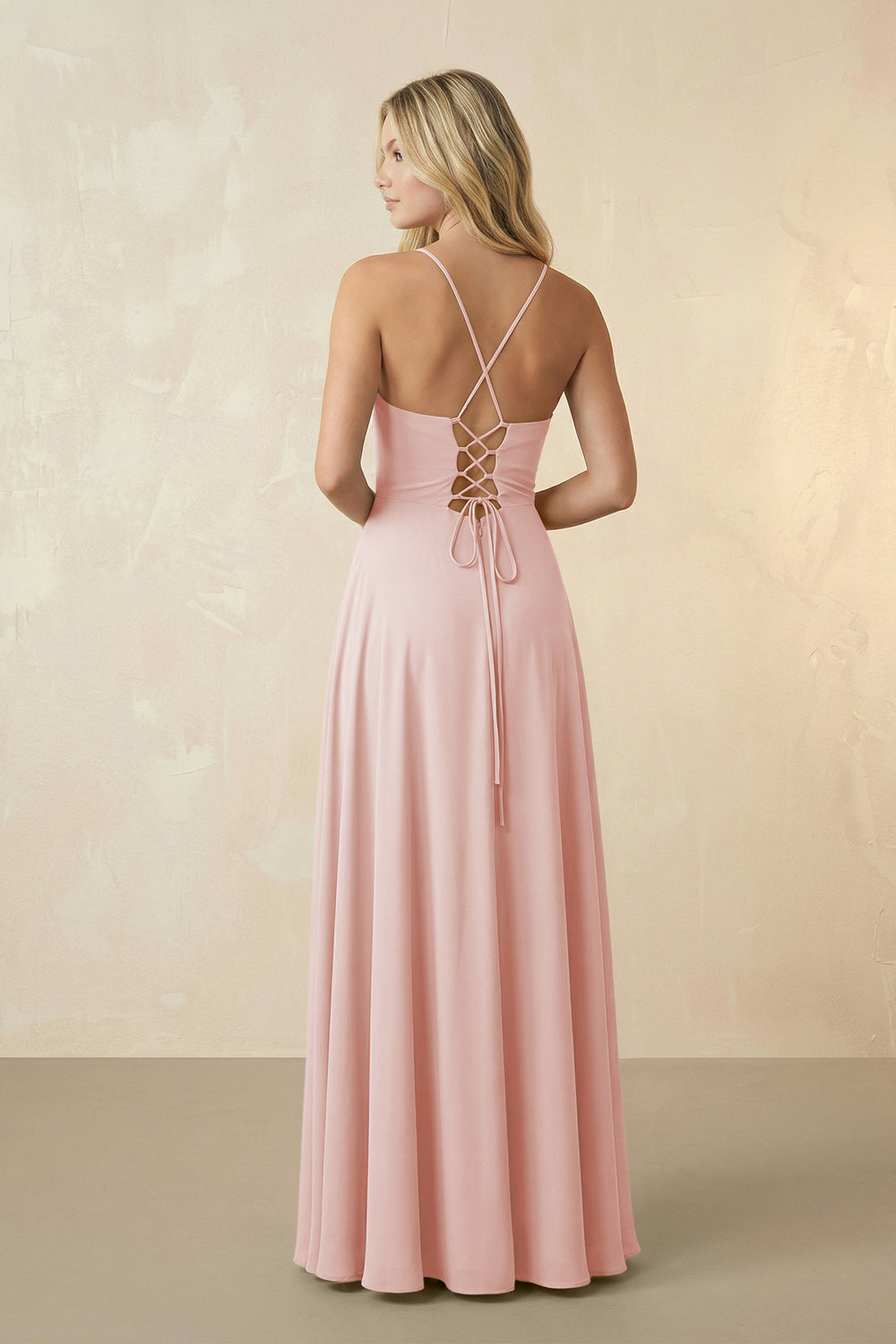 Spaghetti Straps Chiffon A-Line Bridesmaid Dress in Rose Petal