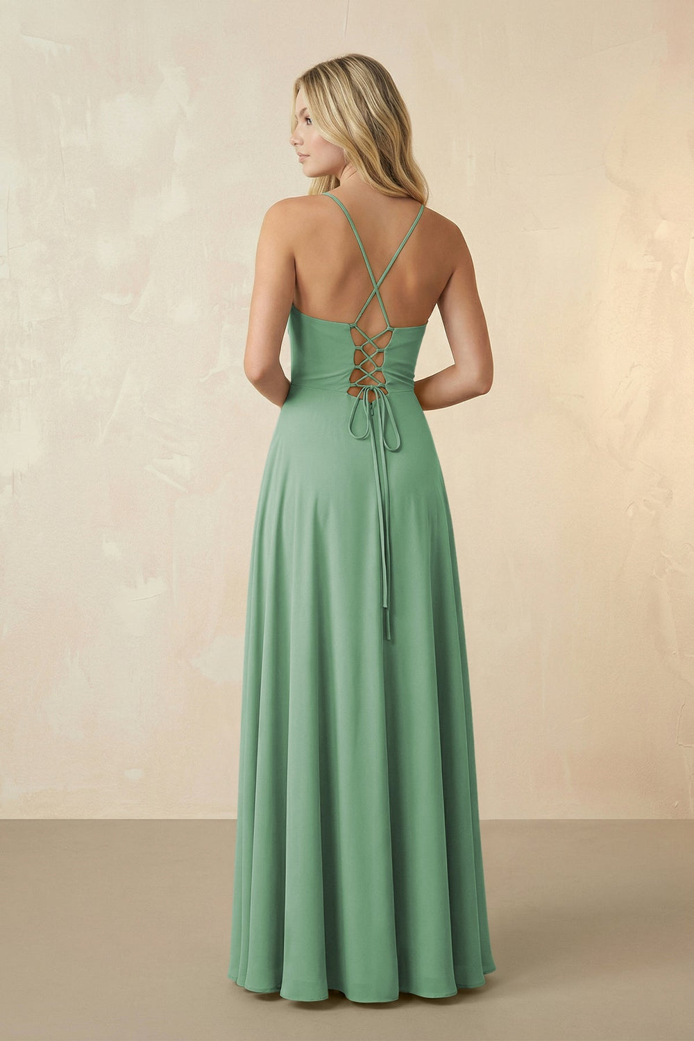 Spaghetti Straps Chiffon A-Line Bridesmaid Dress in Sea Glass - KISS BRIDAL BRIDESMAID DRESSES