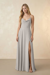 Spaghetti Straps Chiffon A-Line Bridesmaid Dress in Silver - KISS BRIDAL BRIDESMAID DRESSES