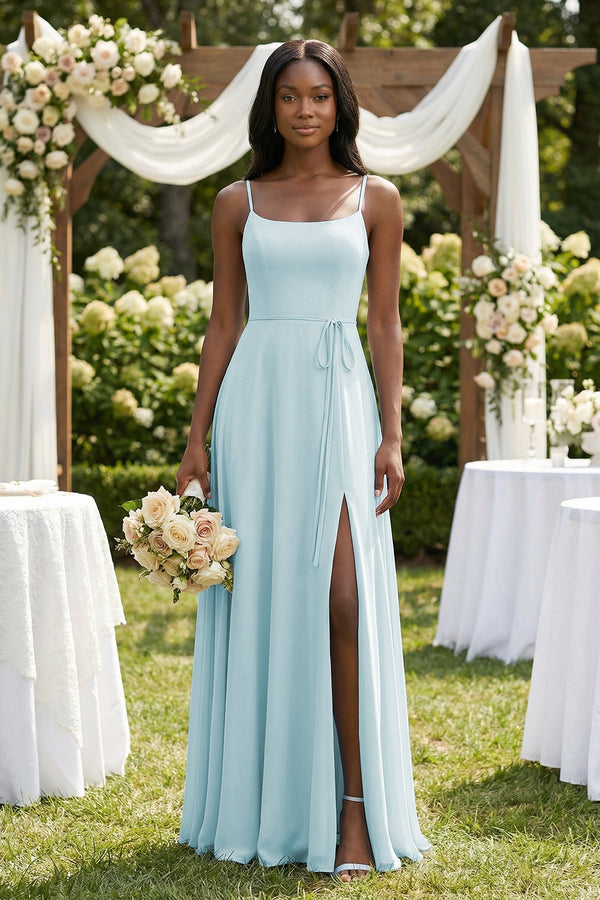 Spaghetti Straps Chiffon A - Line Bridesmaid Dress in Sky Blue - SHE IS ME Bridesmaid Dresses
