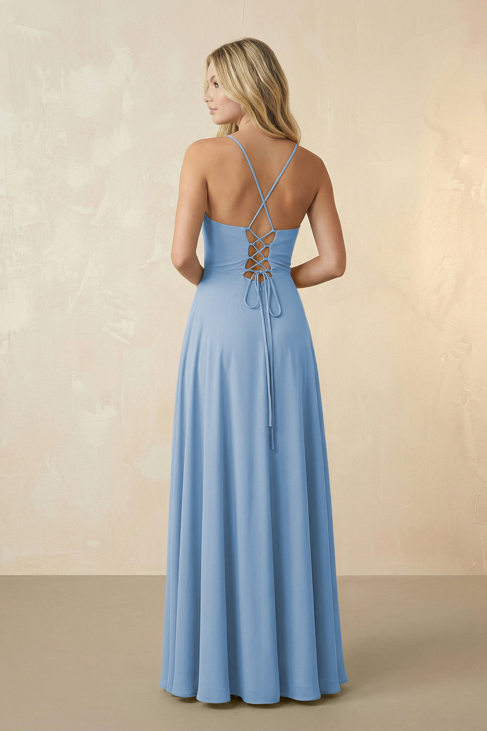 Spaghetti Straps Chiffon A-Line Bridesmaid Dress in Steel Blue