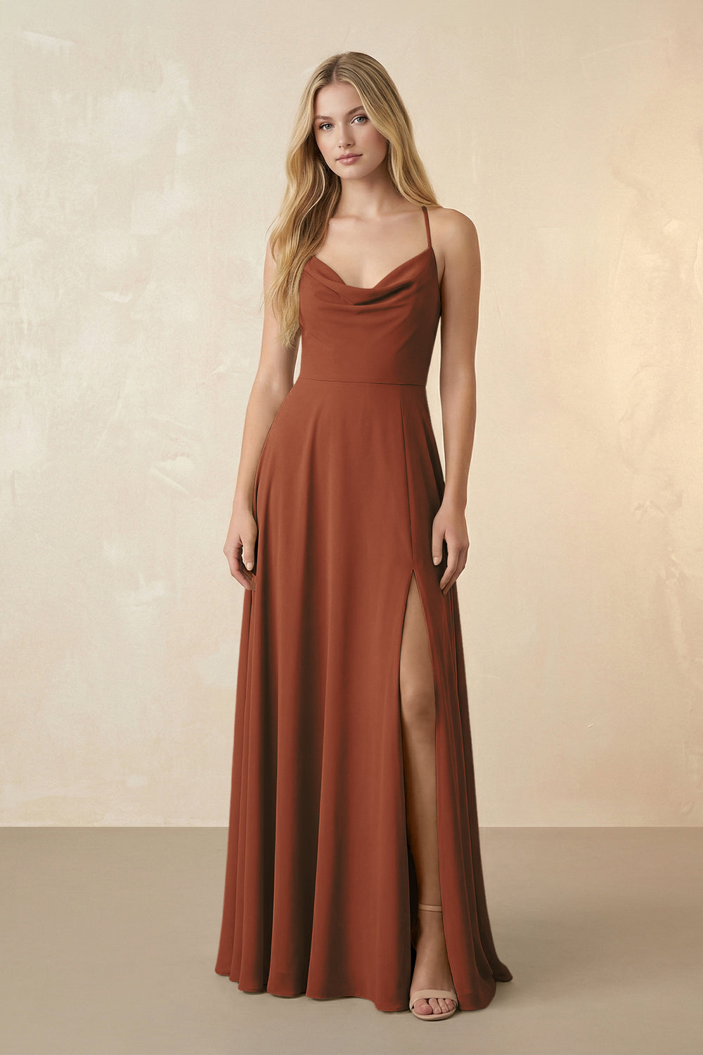 Spaghetti Straps Chiffon A-Line Bridesmaid Dress in Terracotta