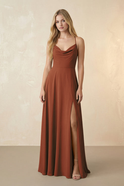 Spaghetti Straps Chiffon A-Line Bridesmaid Dress in Terracotta | KISSBRIDAL