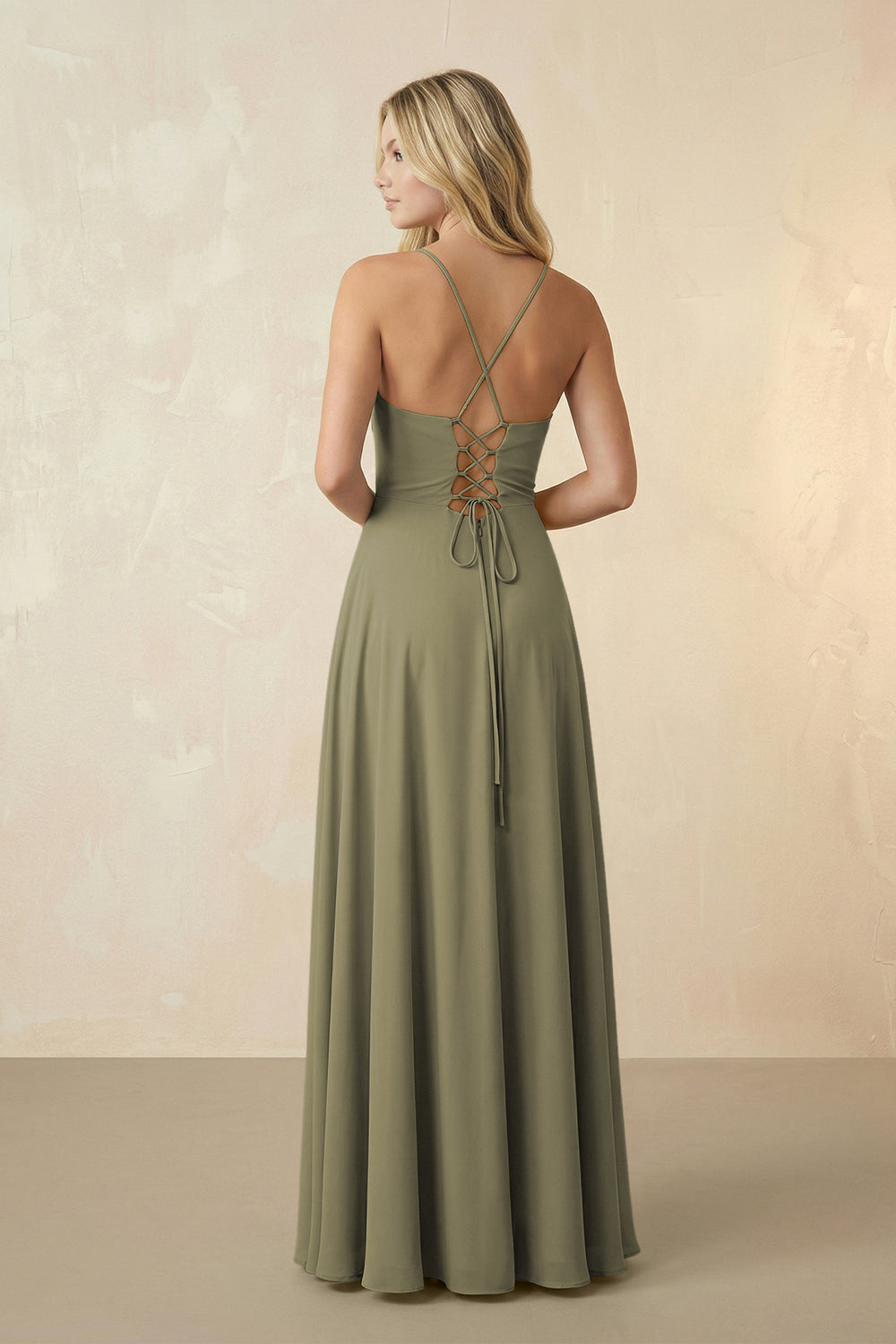 Spaghetti Straps Chiffon A-Line Bridesmaid Dress in Thyme