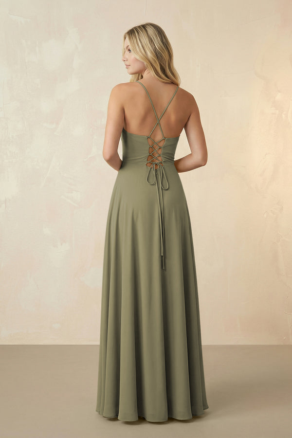 Spaghetti Straps Chiffon A-Line Bridesmaid Dress in Thyme (2) | KISSBRIDAL