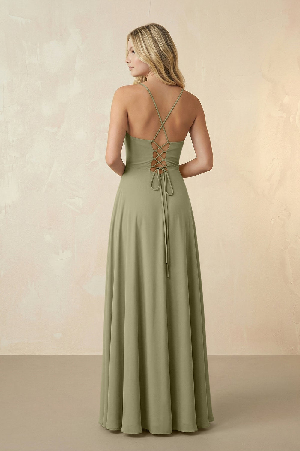 Spaghetti Straps Chiffon A-Line Bridesmaid Dress in Thyme - KISS BRIDAL BRIDESMAID DRESSES