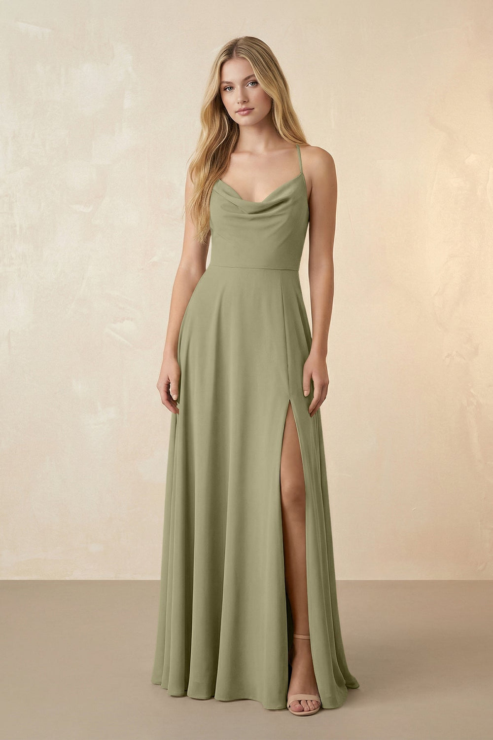 Spaghetti Straps Chiffon A-Line Bridesmaid Dress in Thyme - KISS BRIDAL BRIDESMAID DRESSES
