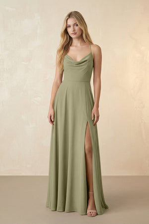 Spaghetti Straps Chiffon A-Line Bridesmaid Dress in Thyme - SHE IS ME BRIDESMAID DRESSES
