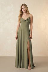 Spaghetti Straps Chiffon A-Line Bridesmaid Dress in Thyme | KISSBRIDAL