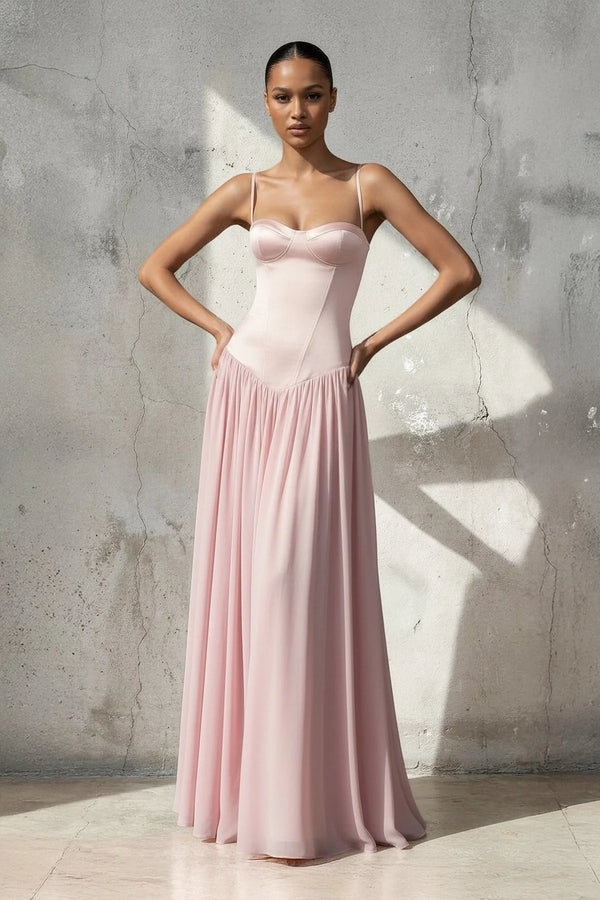 Spaghetti Straps Corset Pleated Maxi Dress in Pink - SHE IS ME