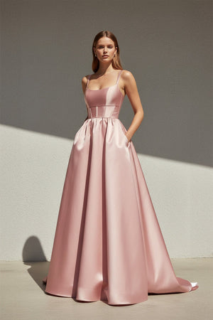 Spaghetti Straps Corset Satin Gown in Pink - SHE IS ME