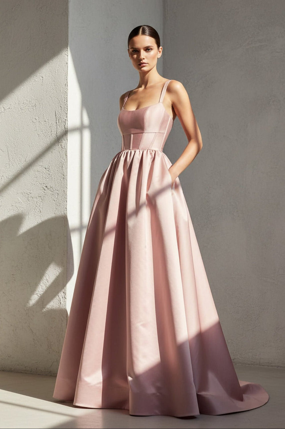 Spaghetti Straps Corset Satin Gown in Pink - SHE IS ME