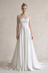 Spaghetti Straps Satin A-Line Ruched Wedding Dress in White