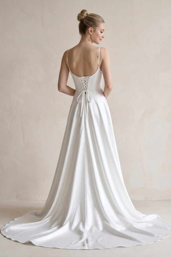 Spaghetti Straps Satin A-Line Ruched Wedding Dress in White
