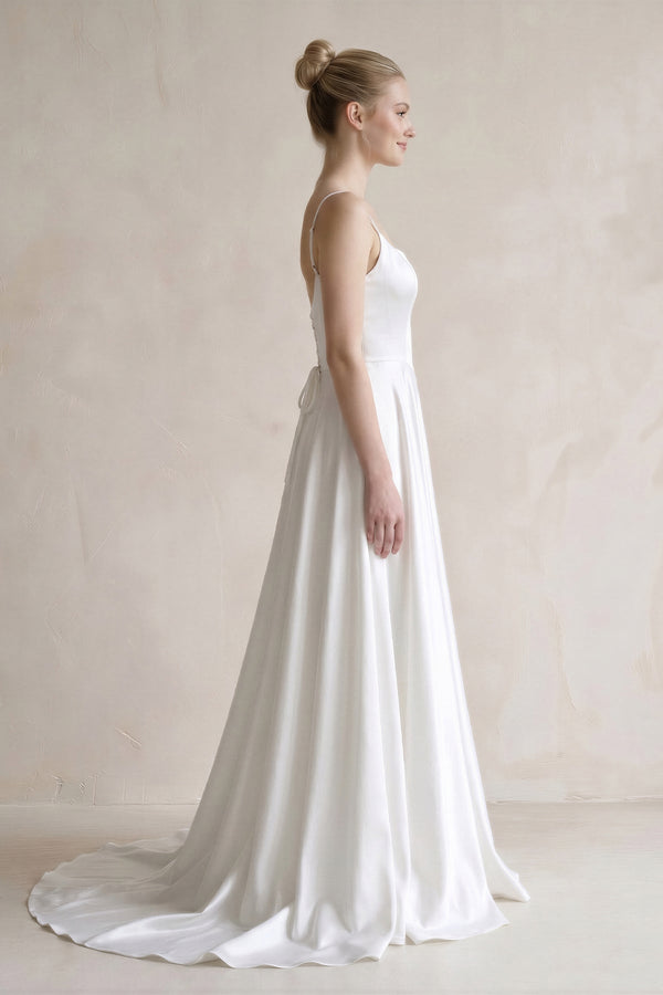 Spaghetti Straps Satin A-Line Ruched Wedding Dress in White