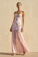 Spaghetti Straps Floral Maxi Dress in Pink - KISS BRIDAL