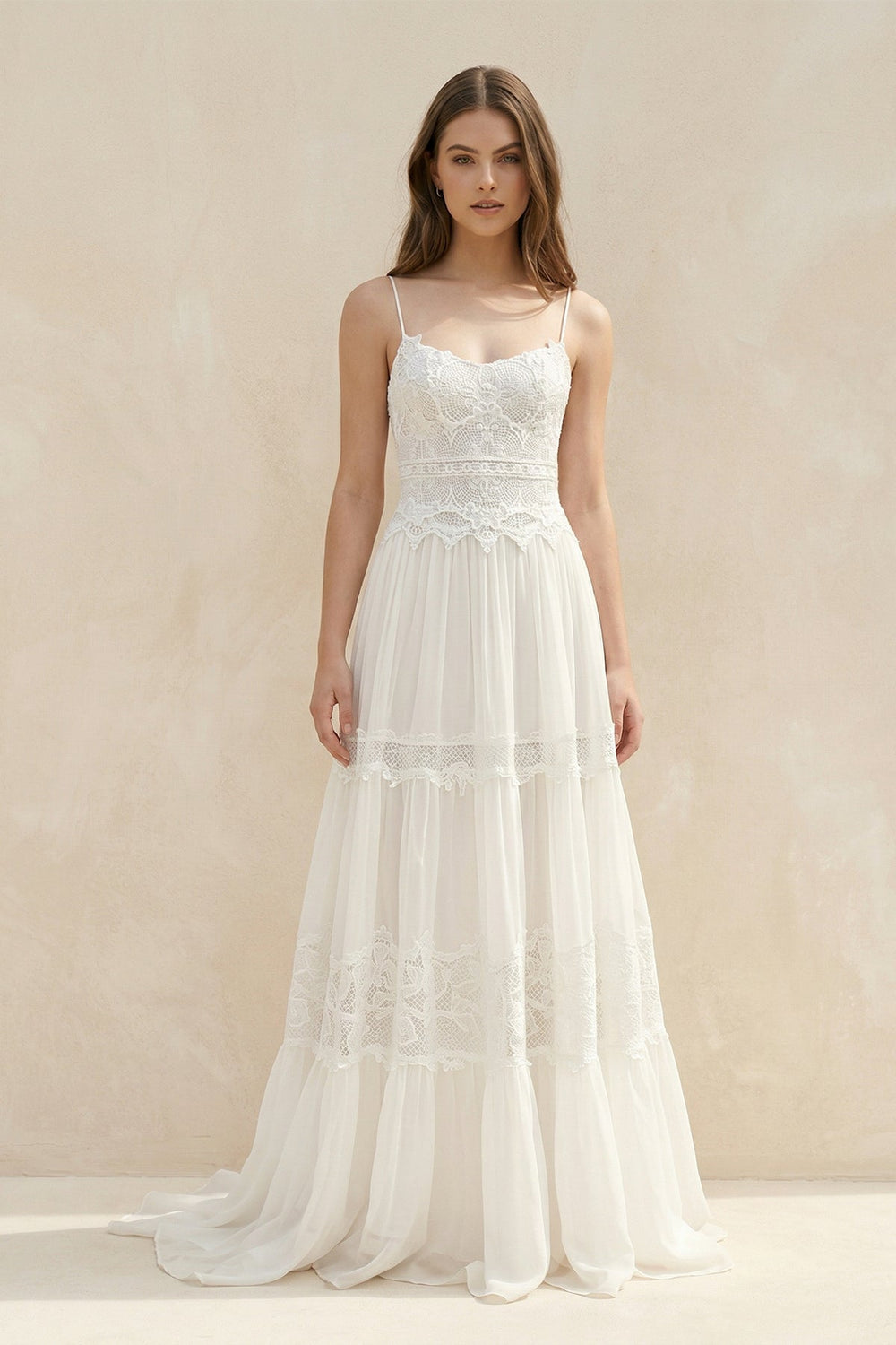 Spaghetti Straps Lace A - Line Ruffled Boho Wedding Dress in White - KISS BRIDAL Wedding Dresses