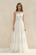Spaghetti Straps Lace A - Line Ruffled Boho Wedding Dress in White - SHE IS ME Wedding Dresses