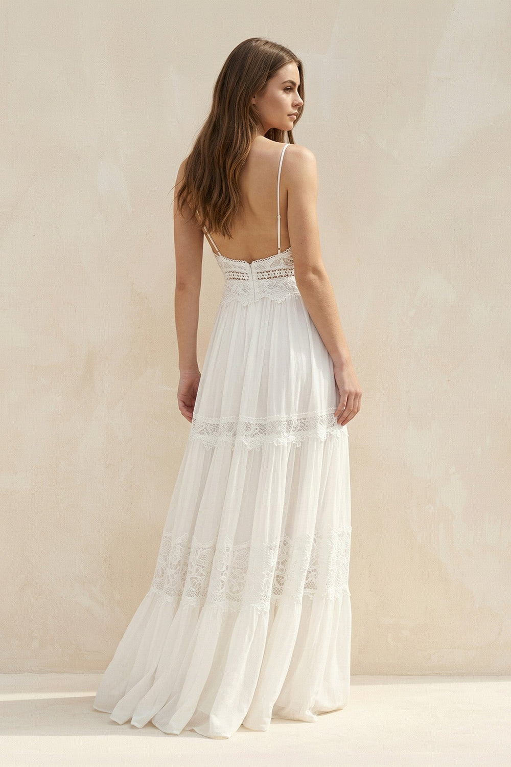 Spaghetti Straps Lace A - Line Ruffled Boho Wedding Dress in White - KISS BRIDAL Wedding Dresses