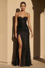 Spaghetti Straps Lace Gown in Black - KISS BRIDAL