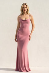 Spaghetti Straps Maxi Dress With Lace in Blush - KISS BRIDAL