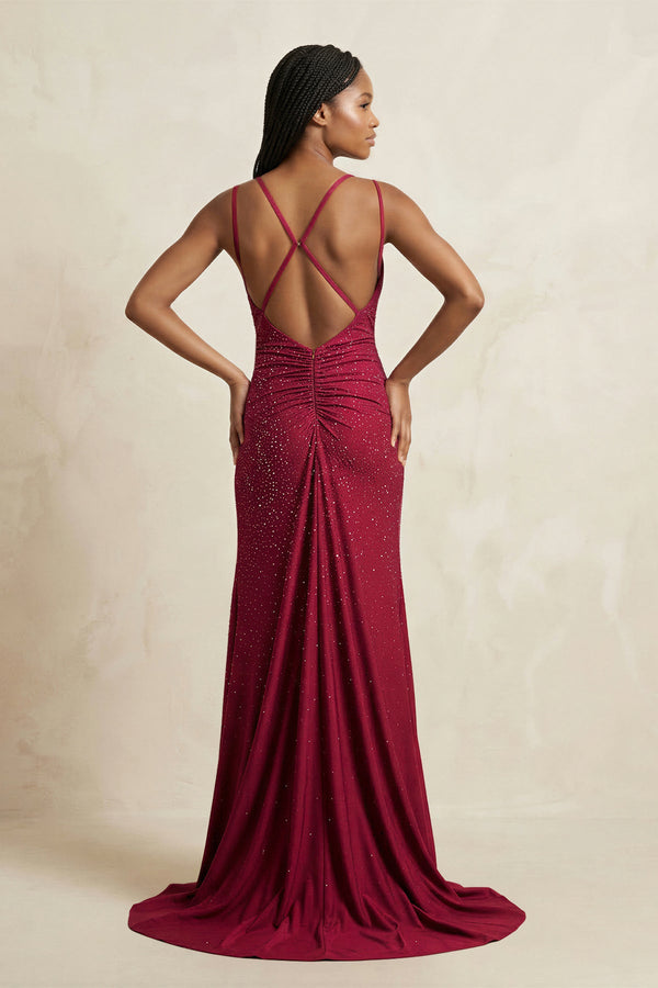 Spaghetti Straps Mermaid Beaded Maxi Dress With Slit in Burgundy