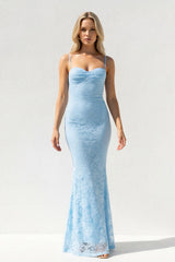 Spaghetti Straps Mermaid Lace Gown in Sky Blue - KISS BRIDAL