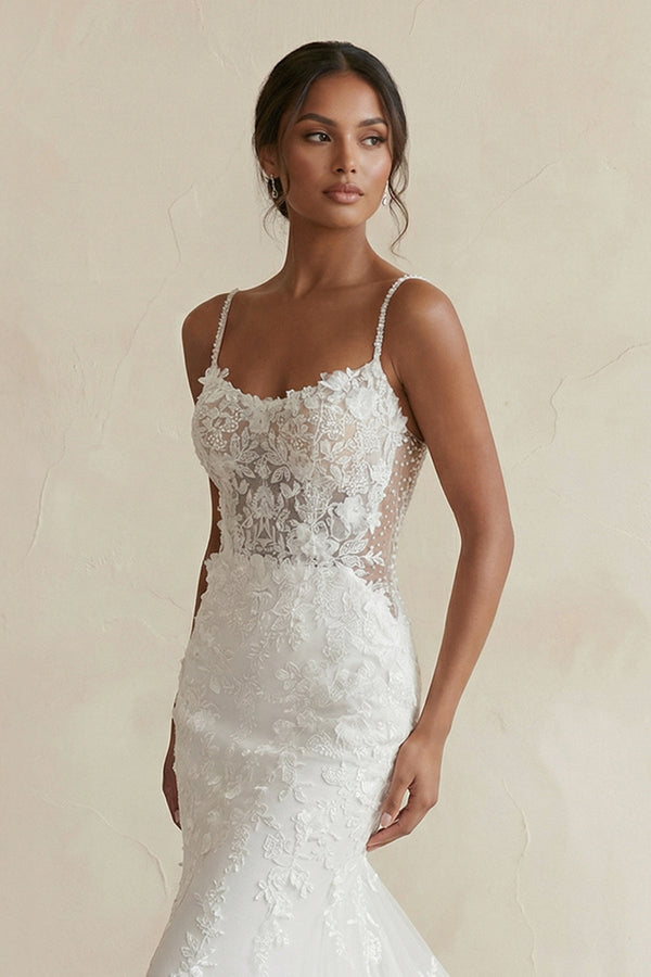 Spaghetti Straps Mermaid Lace Wedding Dress in White - SHE IS ME Wedding Dresses