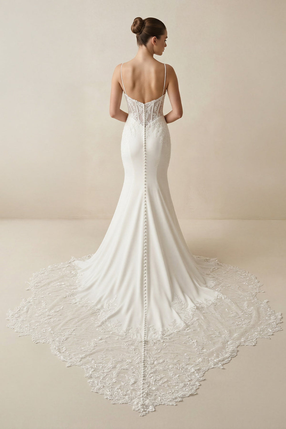 Spaghetti Straps Mermaid Satin Appliqued Wedding Dress in White - KISS BRIDAL Wedding Dresses