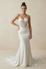 Spaghetti Straps Mermaid Satin Appliqued Wedding Dress in White - KISS BRIDAL Wedding Dresses