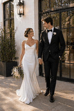 Spaghetti Straps Mermaid Satin Wedding Dress in White - SHE IS ME Wedding Dresses