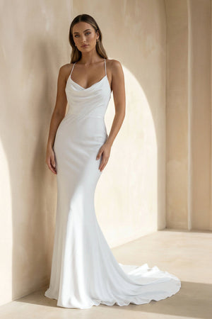 Spaghetti Straps Mermaid Satin Wedding Dress in White - SHE IS ME Wedding Dresses